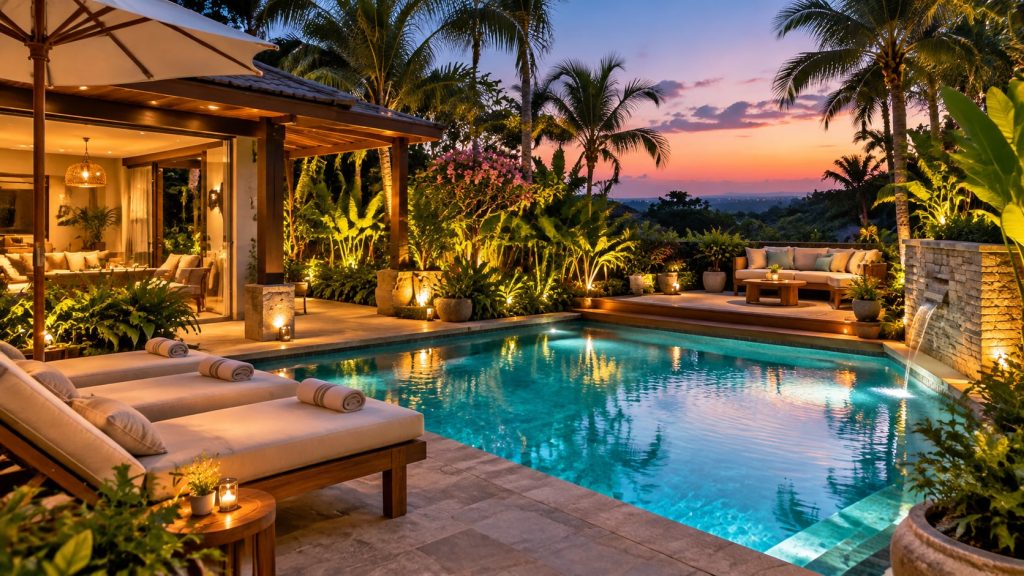 A luxurious elevated pool area at dusk with ambient lighting comfortable outdoor furniture and lush plants creating a se