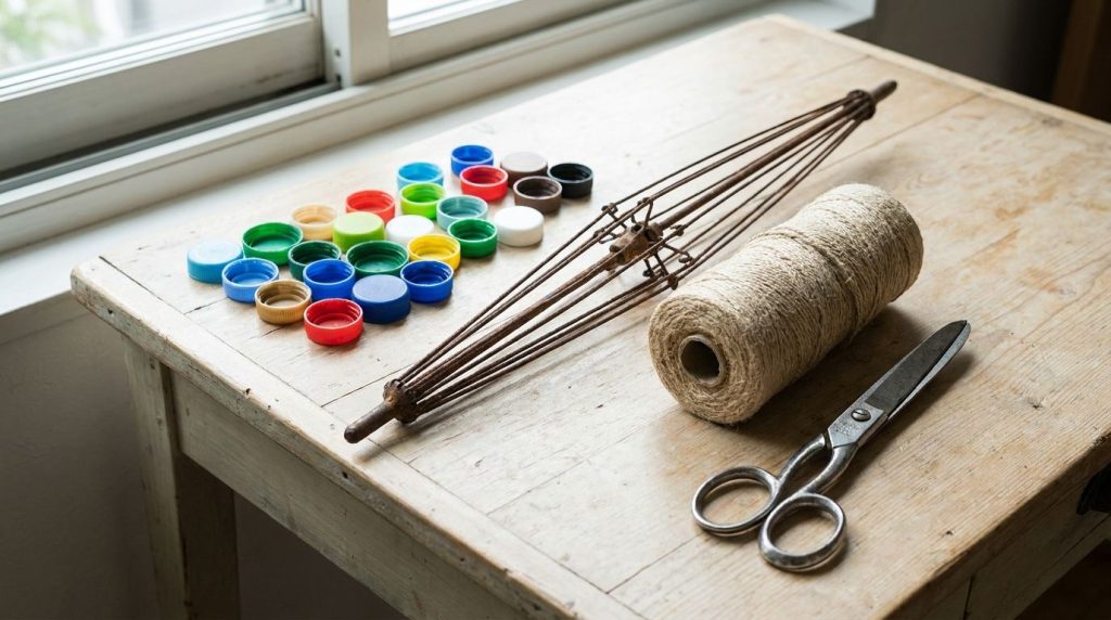 Various colorful plastic bottle caps an old umbrella frame string and a pair of scissors laid out on a clean surface