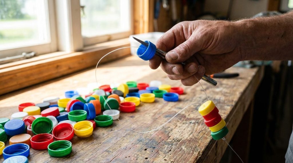 Close-up of colorful bottle caps being strung onto a fishing line showing the technique of attaching them to create a ca