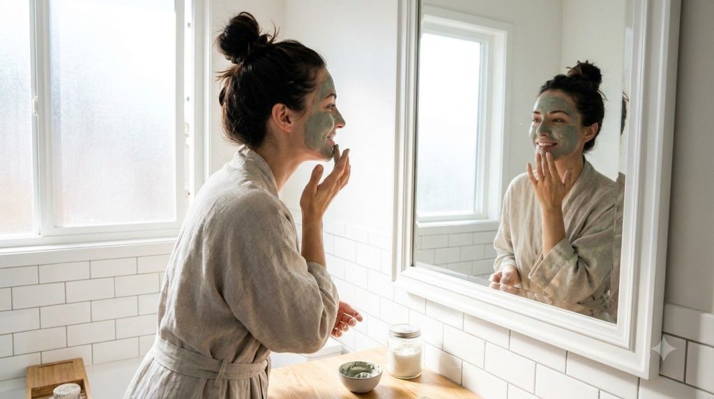 A woman applying the DIY clay mask to her face with her fingertips in a well-lit bathroom setting