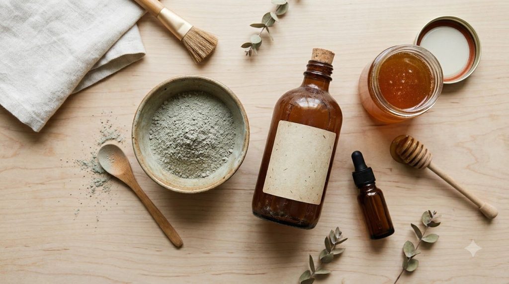 Ingredients for the DIY clear skin mask laid out a small bowl with bentonite clay a bottle of apple cider vinegar a jar 