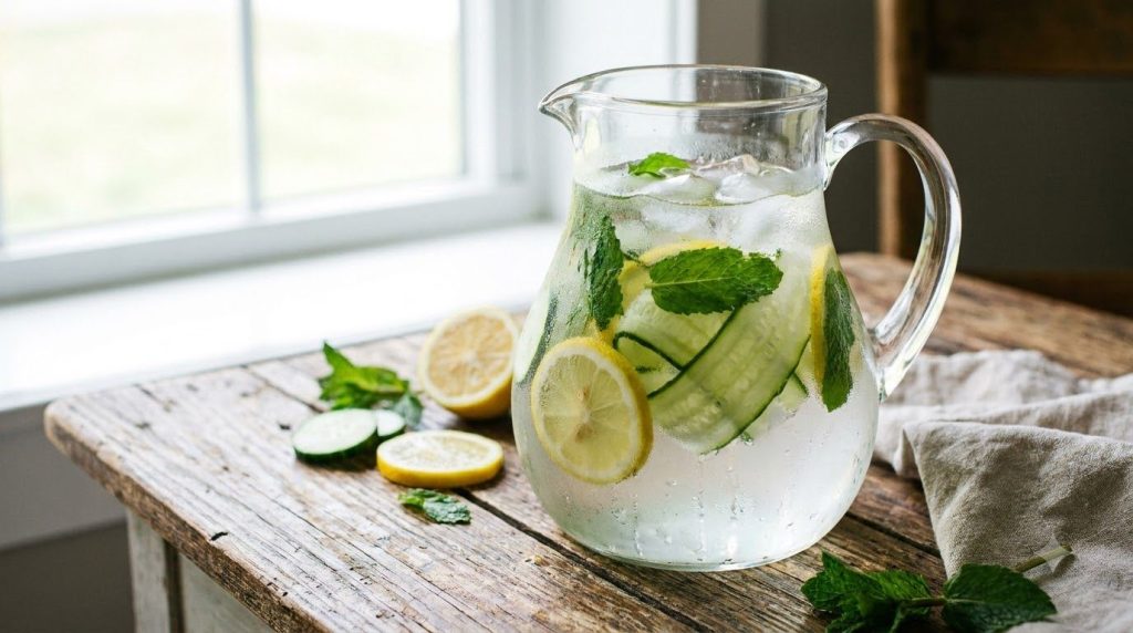 A close-up of a glass pitcher filled with clear water lemon slices cucumber slices and fresh mint leaves with ice cubes 