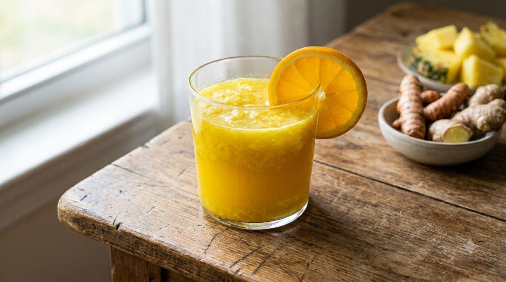 A close-up of a glass of vibrant yellow pineapple turmeric ginger and orange juice garnished with a slice of orange or p