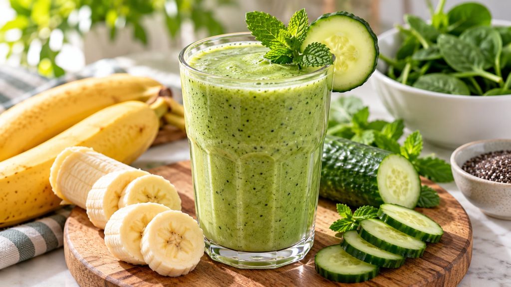A close-up of a vibrant green detox banana smoothie in a glass garnished with a cucumber slice and mint showcasing its h