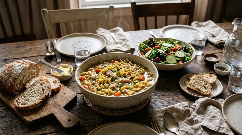 A complete dinner spread with slow cooker chicken and noodles a side salad and crusty bread