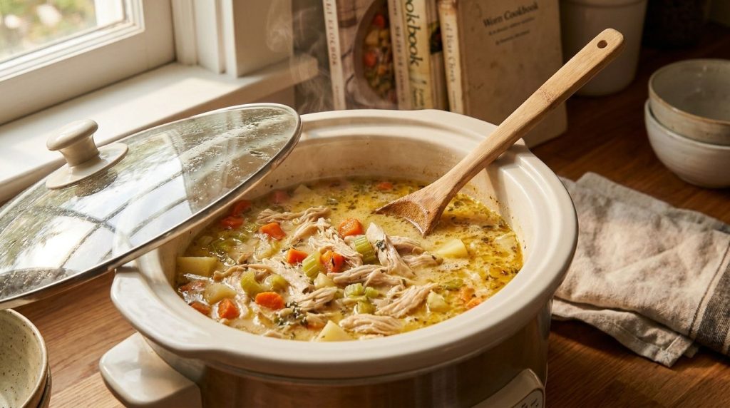 A slow cooker filled with chicken vegetables and creamy broth simmering gently