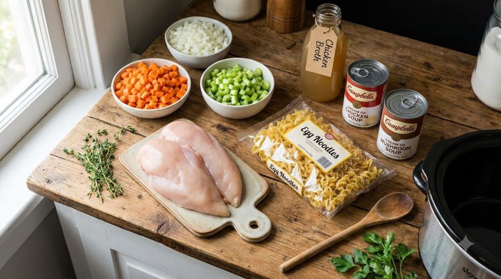 Various raw ingredients for slow cooker chicken and noodles laid out chicken breasts carrots celery onion egg noodles ca