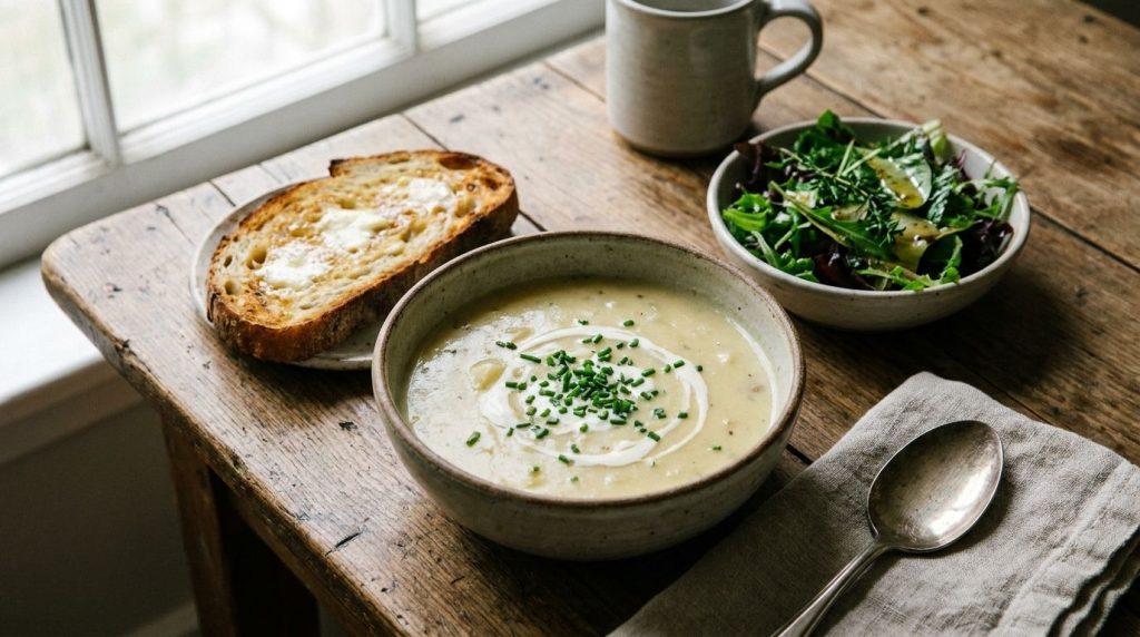A slice of toasted crusty bread with butter and a fresh green salad served alongside a bowl of creamy potato soup