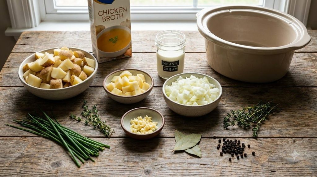 A collection of fresh ingredients for slow cooker creamy potato soup including diced potatoes chopped onion garlic chick