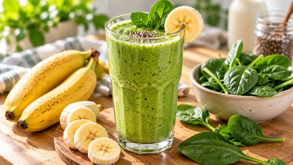 A close-up of a vibrant creamy green smoothie in a tall glass with fresh spinach leaves and banana slices in the backgro
