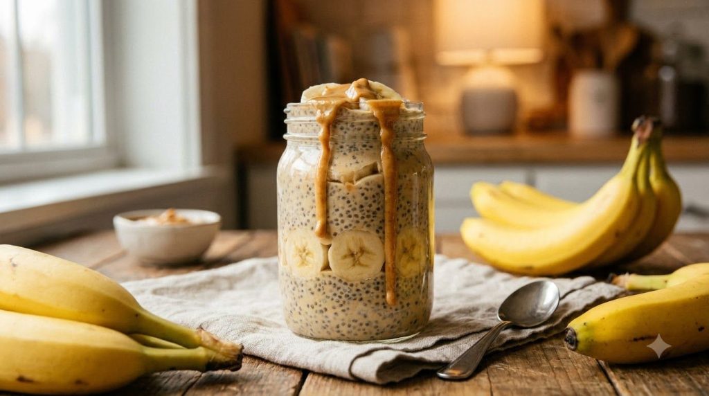 A glass jar of peanut butter banana protein chia pudding topped with banana slices and a peanut butter drizzle