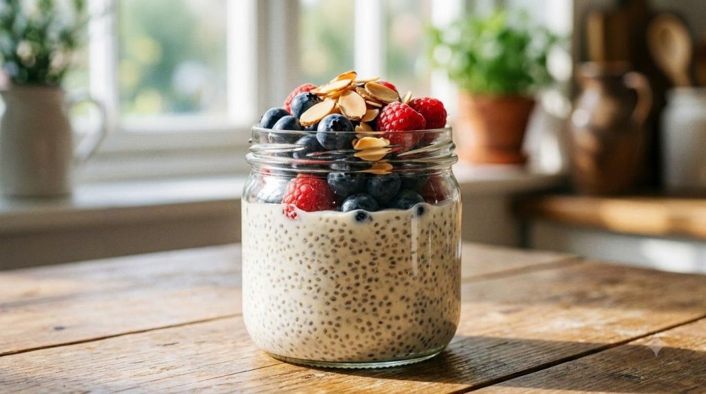 A glass jar of classic vanilla protein chia pudding topped with fresh berries and sliced almonds