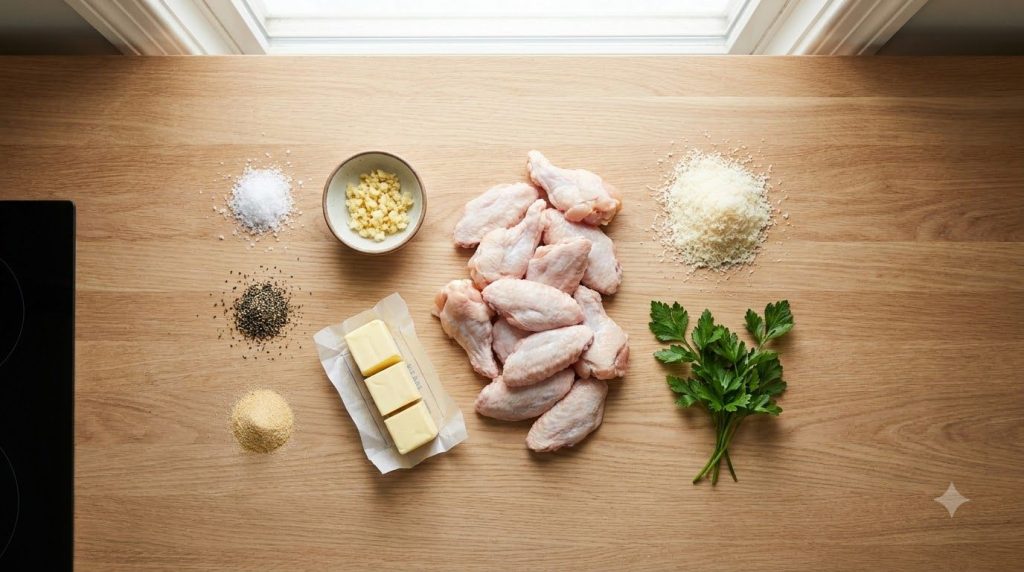 A flat lay image showing raw chicken wings butter minced garlic salt pepper garlic powder grated Parmesan cheese and fre