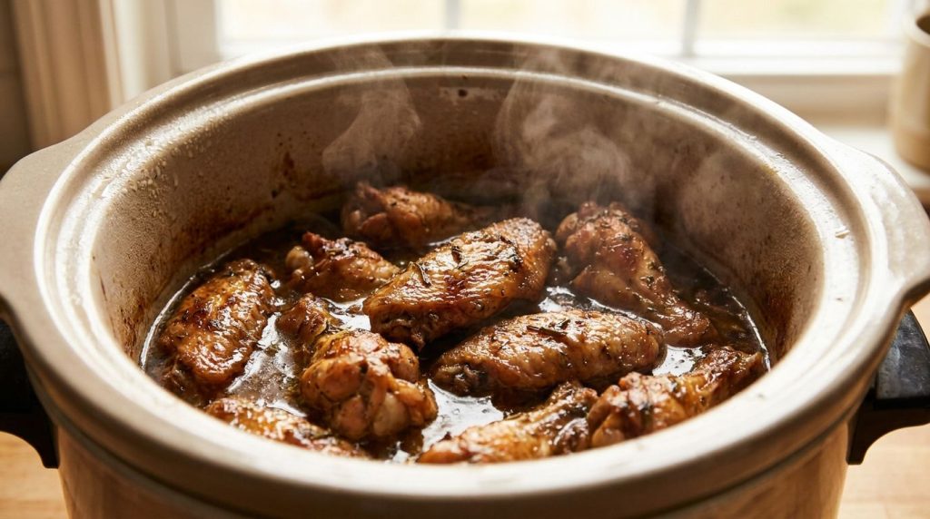 A close-up of a slow cooker filled with cooked tender chicken wings just before being transferred to the broiler