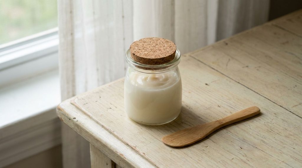 A smooth creamy homemade beauty mask made with Vaseline baby oil and rice powder in a small glass jar ready for use