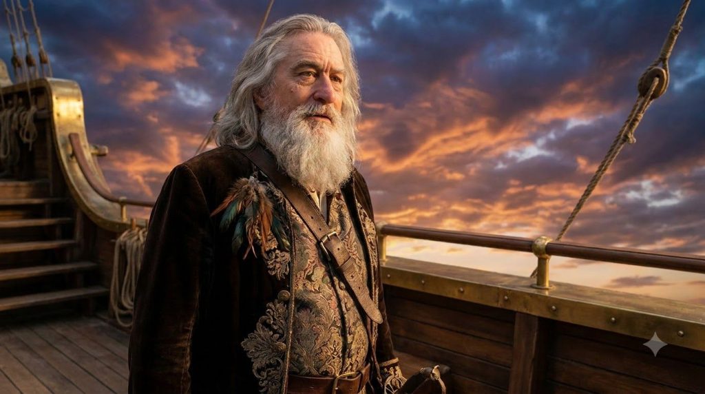 Robert De Niro as Captain Shakespeare from Stardust wearing a flowing wizard-like beard and long grey hair in a detailed
