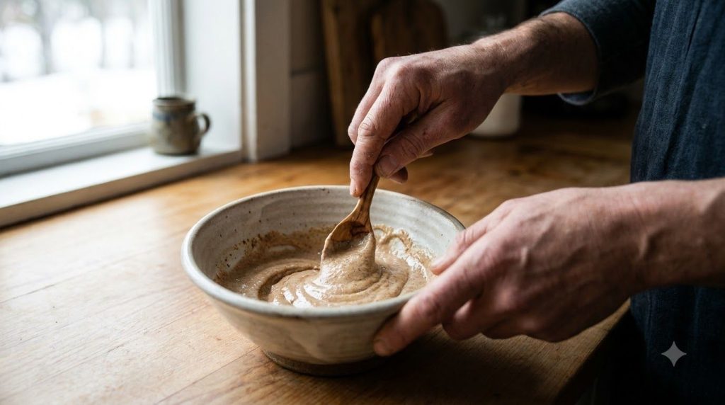 Hands mixing clove powder honey and yogurt in a small bowl to form a smooth mask paste