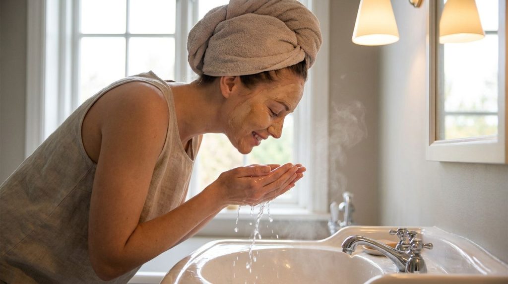 A woman gently rinsing a light brown face mask off her face with water over a sink showing clean radiant skin underneath