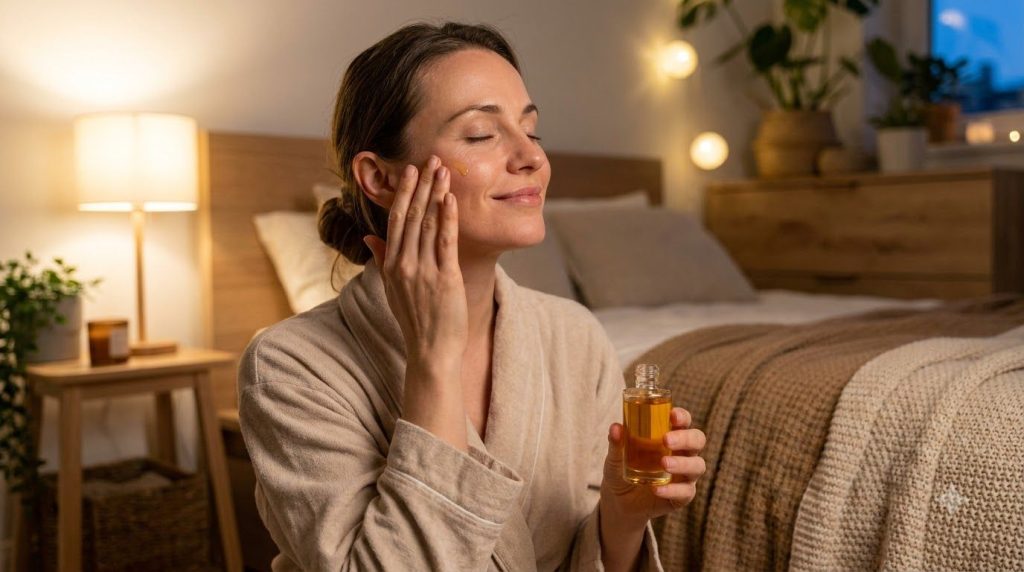 A woman gently applying a golden-hued oil to her face at night with a soft warm glow emphasizing a natural skincare rout