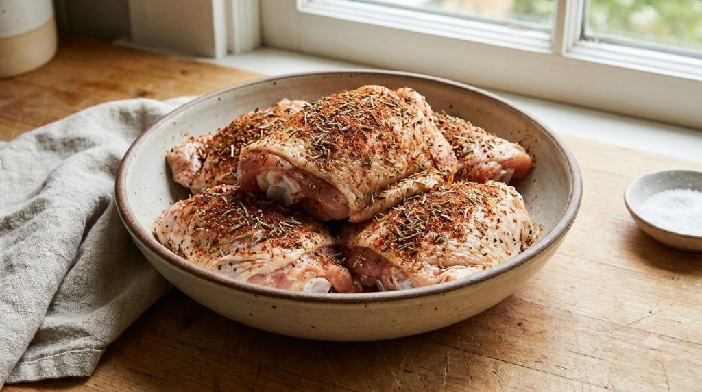 Raw chicken thighs seasoned with spices in a bowl ready for cooking