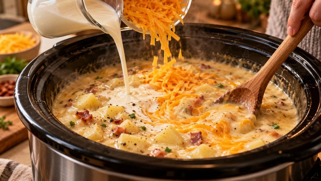 A slow cooker filled with creamy potato soup with a spoon stirring in heavy cream and melted cheddar cheese