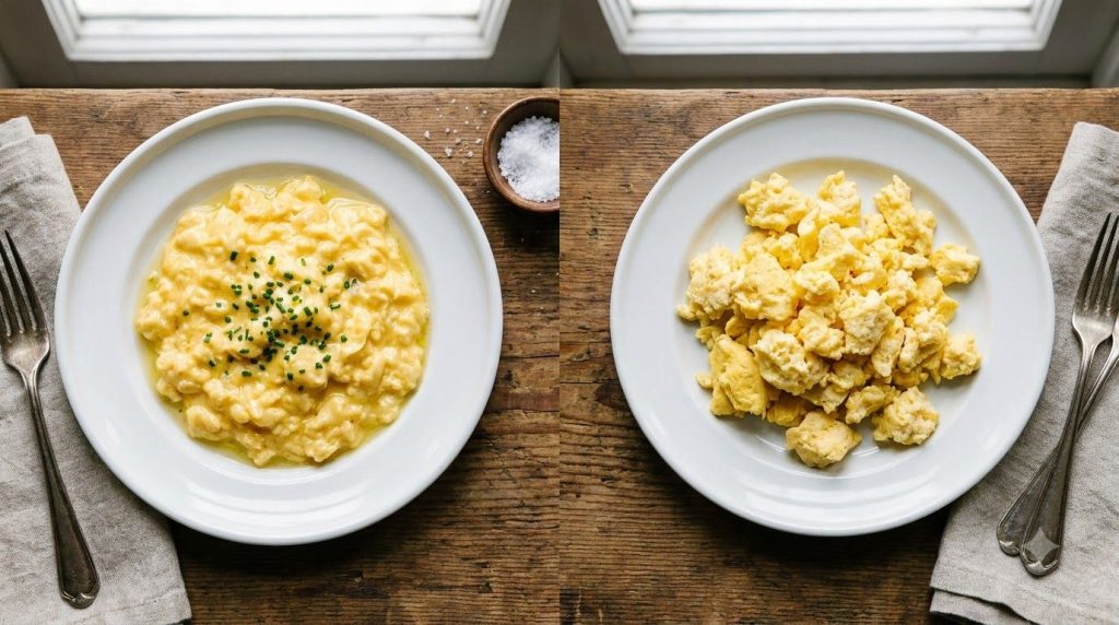 A comparison image showing soft scrambled eggs versus hard scrambled eggs on separate plates highlighting their texture 