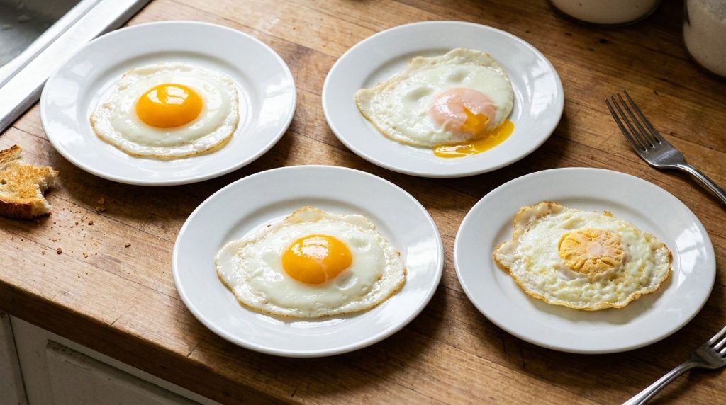 A variety of fried eggs on separate plates showcasing Sunny Side Up Over Easy Over Medium and Over Hard styles with vary