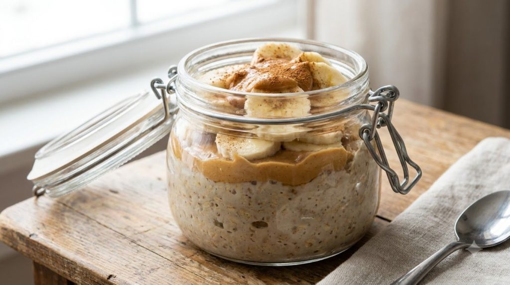 A close-up of a glass jar filled with beautifully prepared overnight oats garnished with sliced bananas a drizzle of pea