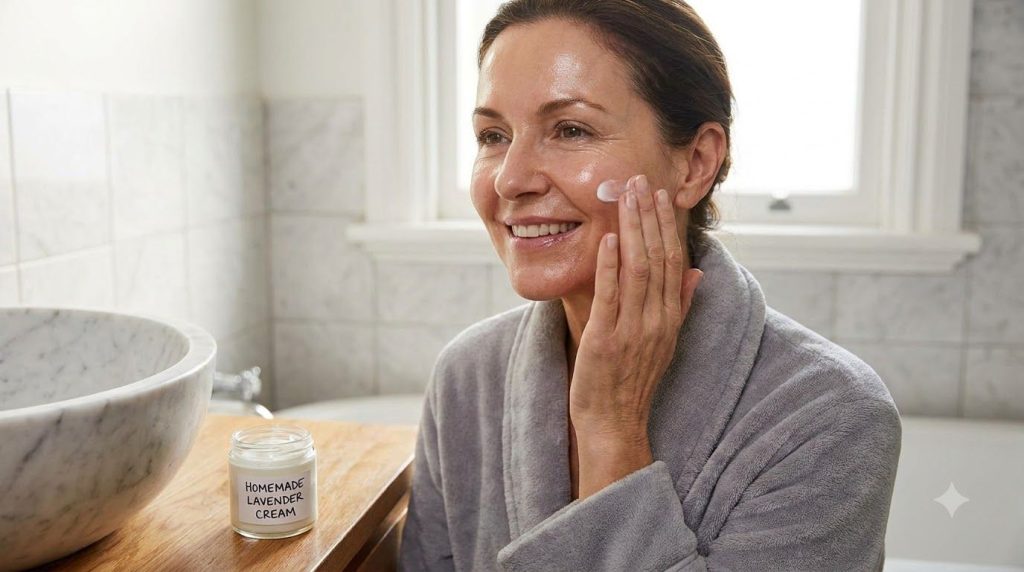 A woman gently applying a homemade cream to her face focusing on her cheek with a soft natural expression Her skin looks