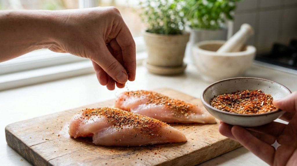 A hand sprinkling homemade chicken seasoning blend over raw chicken breasts on a cutting board ready for cooking