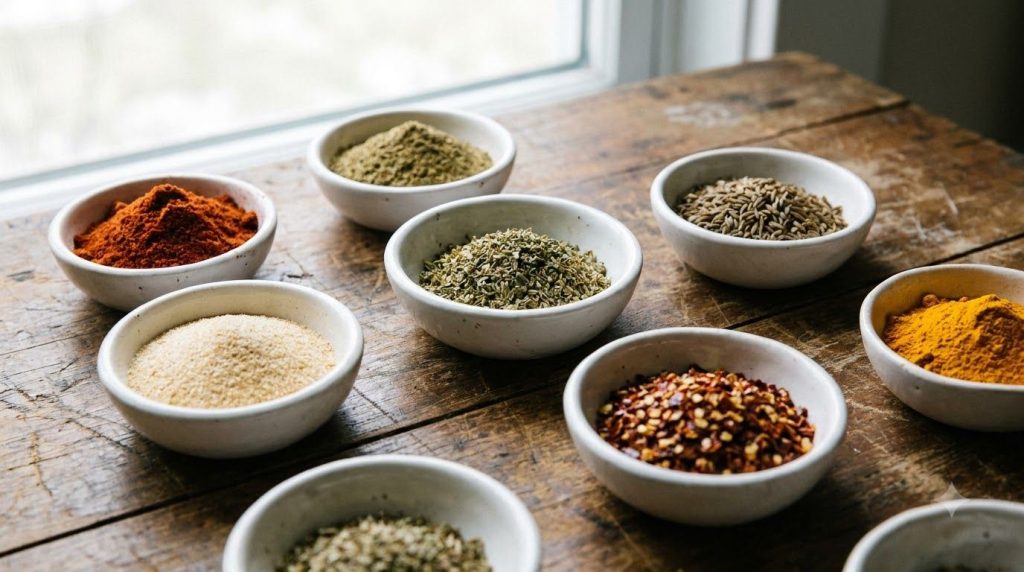 A close-up of various dried spices in small bowls ready to be mixed into a chicken seasoning blend