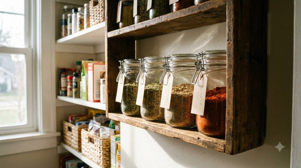 A variety of glass jars filled with different homemade chicken seasoning blends neatly labeled and stored on a spice rac