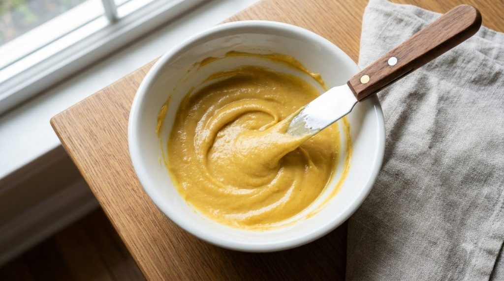 A smooth golden paste made from turmeric Vaseline honey and Vitamin E in a small mixing bowl with a spatula