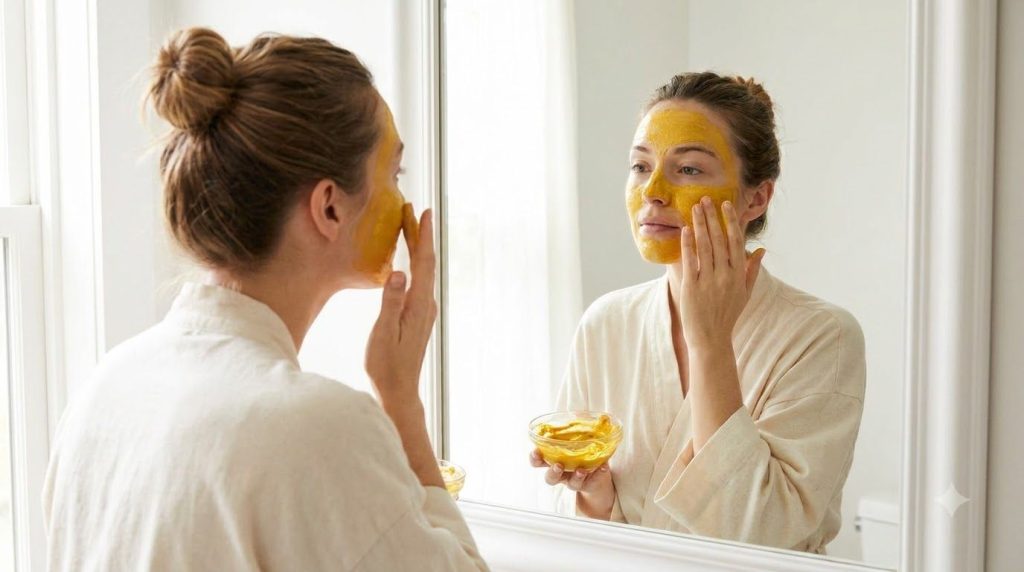 A woman gently applying the golden turmeric and Vaseline paste to her clean face in a bathroom mirror showing the bright