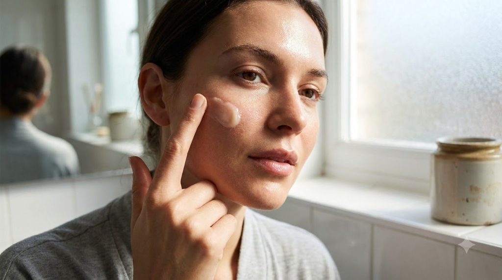 A woman applying a small amount of Vaseline-based product to her cheek with a finger demonstrating how to use it Her ski
