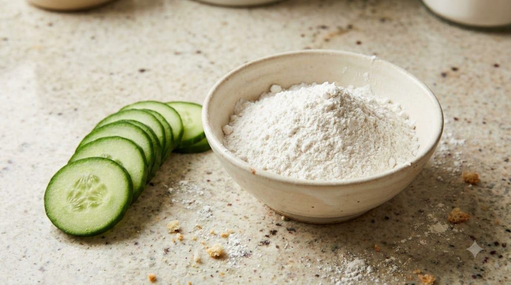 Close-up shot of fresh cucumber slices next to a small bowl filled with white rice flour on a clean light surface