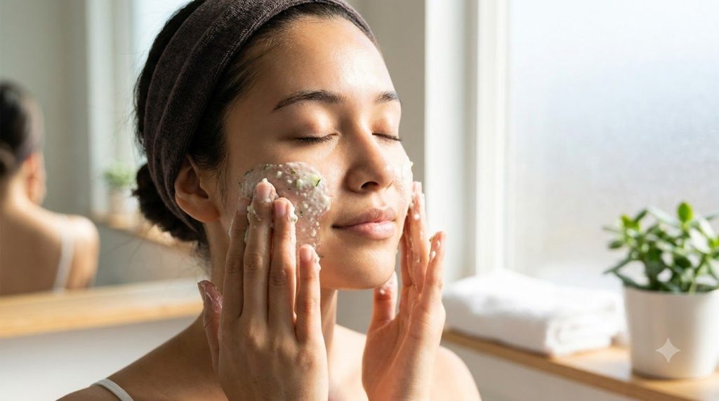 A woman gently applying a homemade cucumber and rice mask to her clean face with her fingertips showing the texture of t