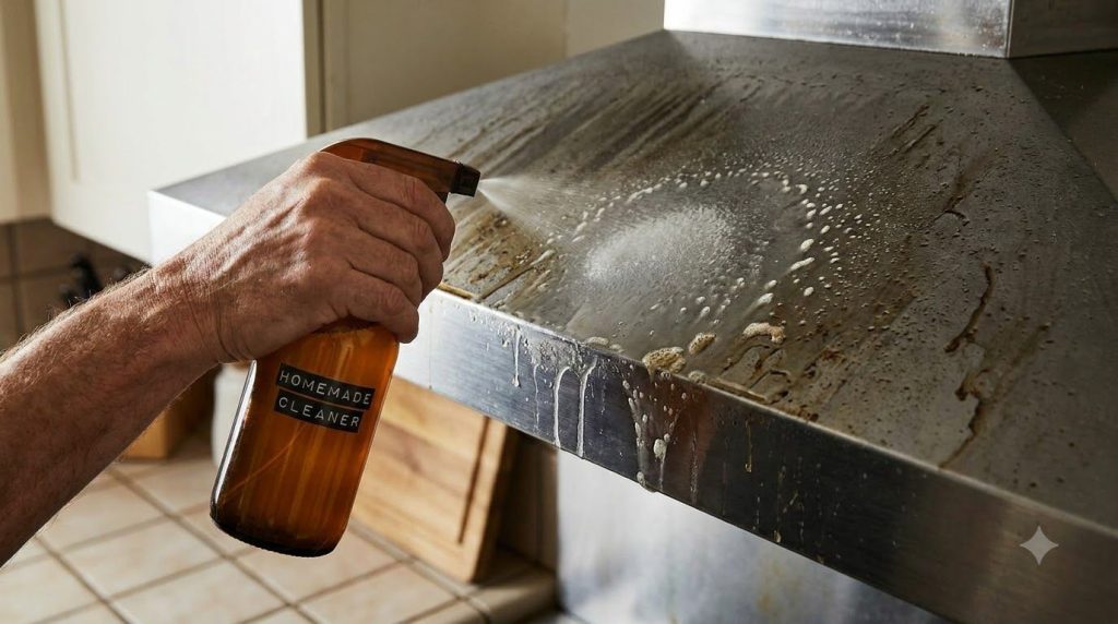 Close-up of a hand spraying the homemade cleaning solution onto a heavily greased stainless steel range hood in a kitche