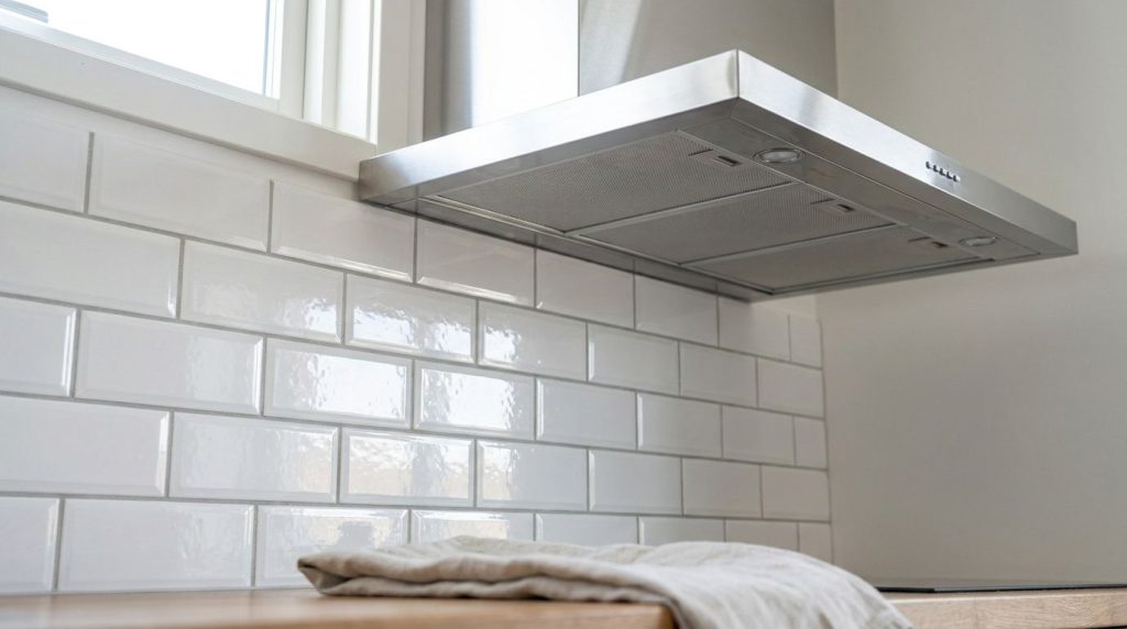 A gleaming spotless stainless steel range hood and a section of tiled backsplash sparkling clean after being treated wit