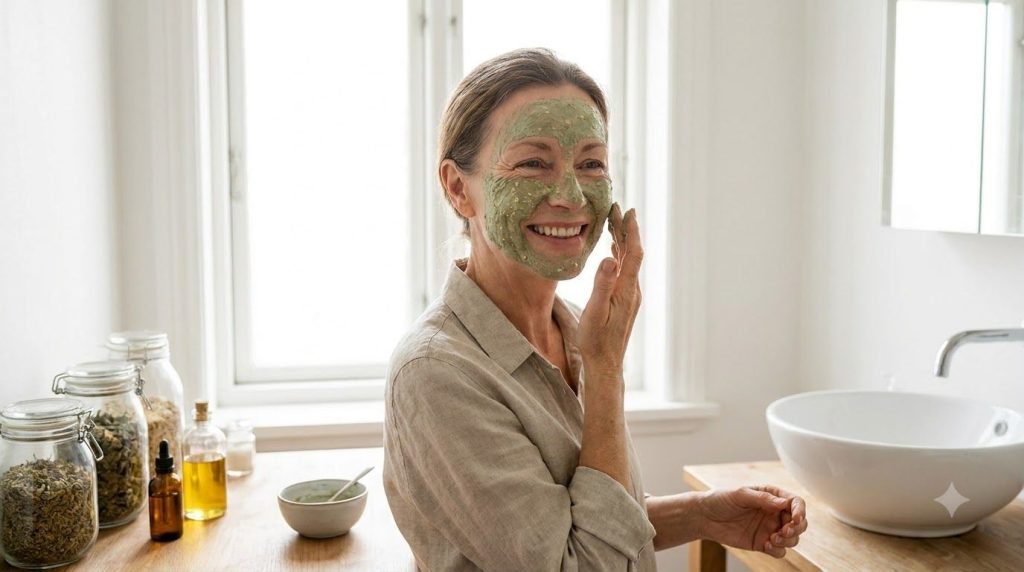A smiling woman in her late 50s or early 60s gently applying a DIY face mask to her radiant skin looking confident and h