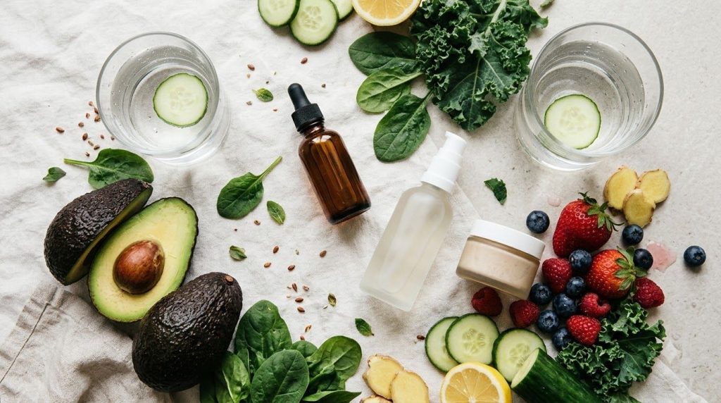 A vibrant flat lay showing a glass of water fresh fruits vegetables and skincare products representing a holistic approa