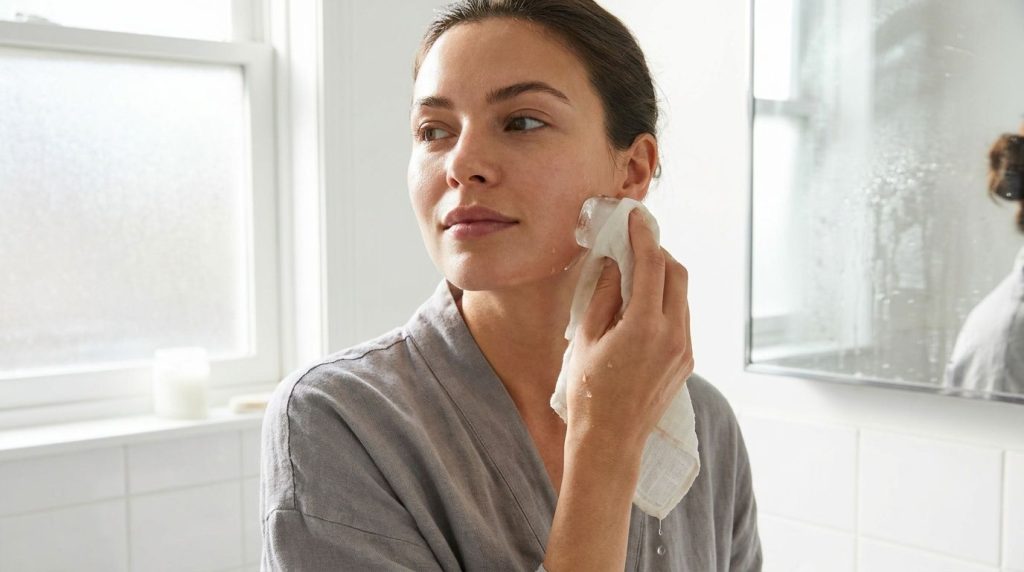 A woman gently massaging her face with an ice cube wrapped in a thin cloth showing a refreshing skincare routine