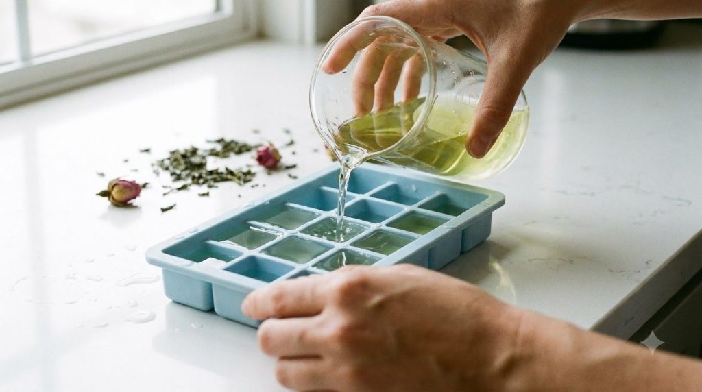 Hands pouring a liquid mixture into an ice cube tray with natural ingredients like rose petals or green tea leaves visib