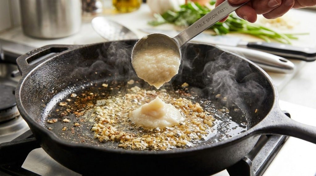 A tablespoon of the smooth blended onion paste being added to a hot pan with other ingredients creating a sizzling effec