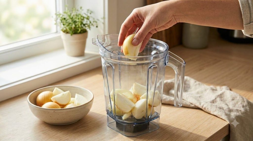 Peeled and quartered yellow onions being added to a high-speed blender pitcher