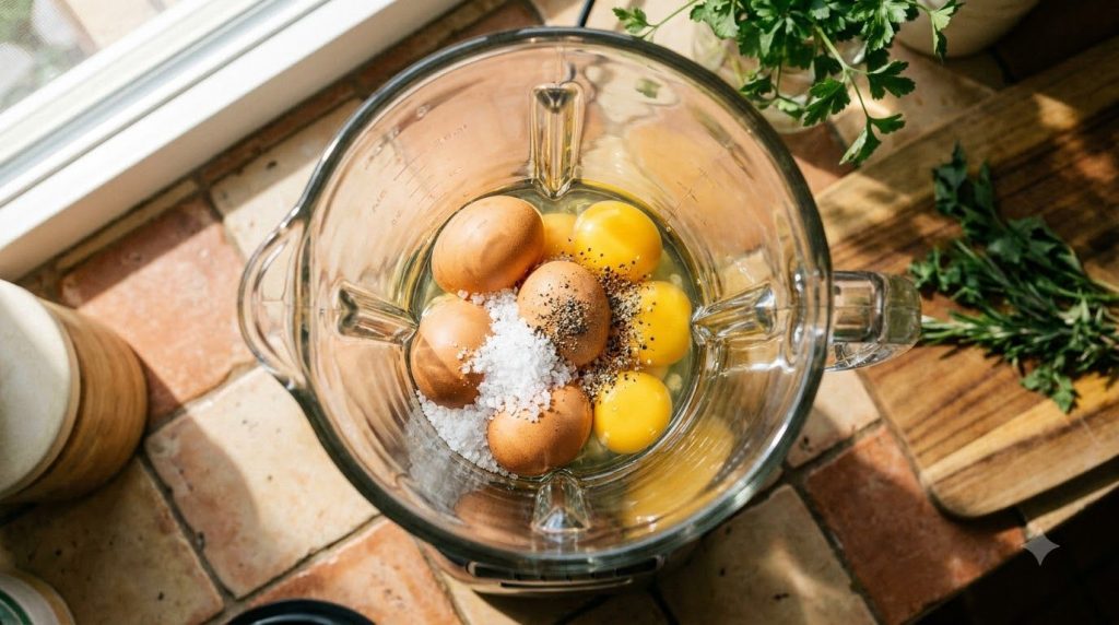Whole eggs salt and pepper in a blender carafe before blending