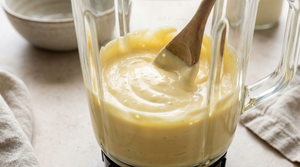 Finished creamy homemade mayonnaise inside a blender carafe