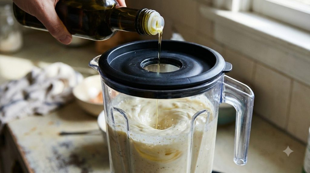 A steady stream of olive oil being poured into a blender while it s running making mayonnaise
