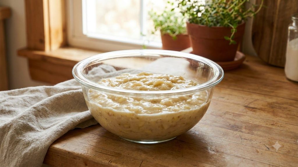 A bowl filled with perfectly mashed bananas showing a slightly chunky texture ready for use