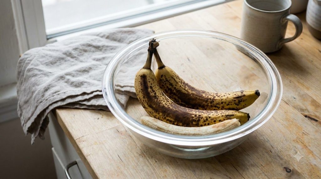 Three peeled ripe bananas with brown spots in a glass mixing bowl